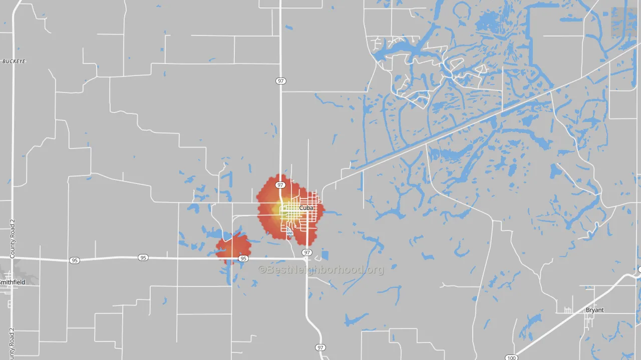Walk Grade map of 61427, IL, walkable areas in green and car-dependent areas in red