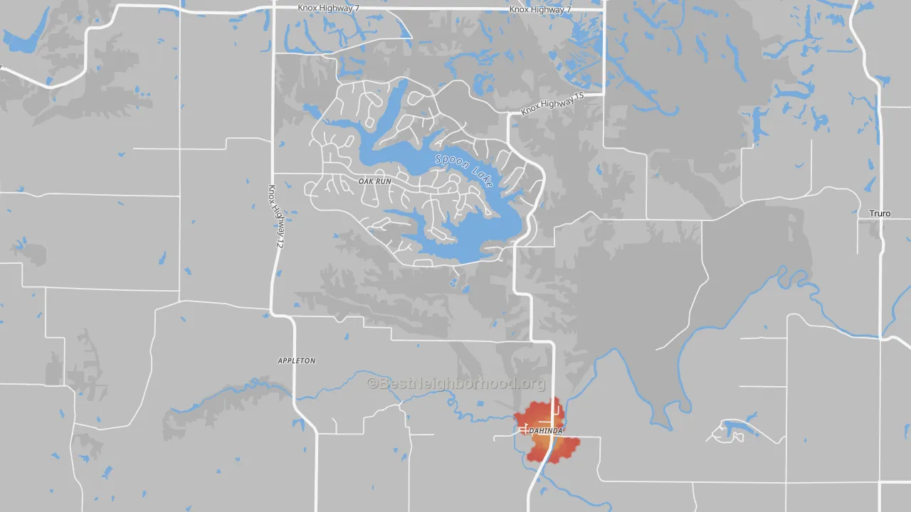 Walk Grade map of 61428, IL, walkable areas in green and car-dependent areas in red