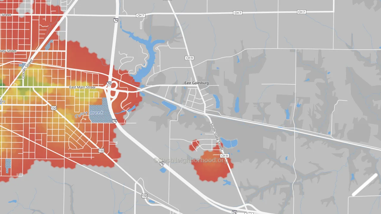 Walk Grade map of 61430, IL, walkable areas in green and car-dependent areas in red