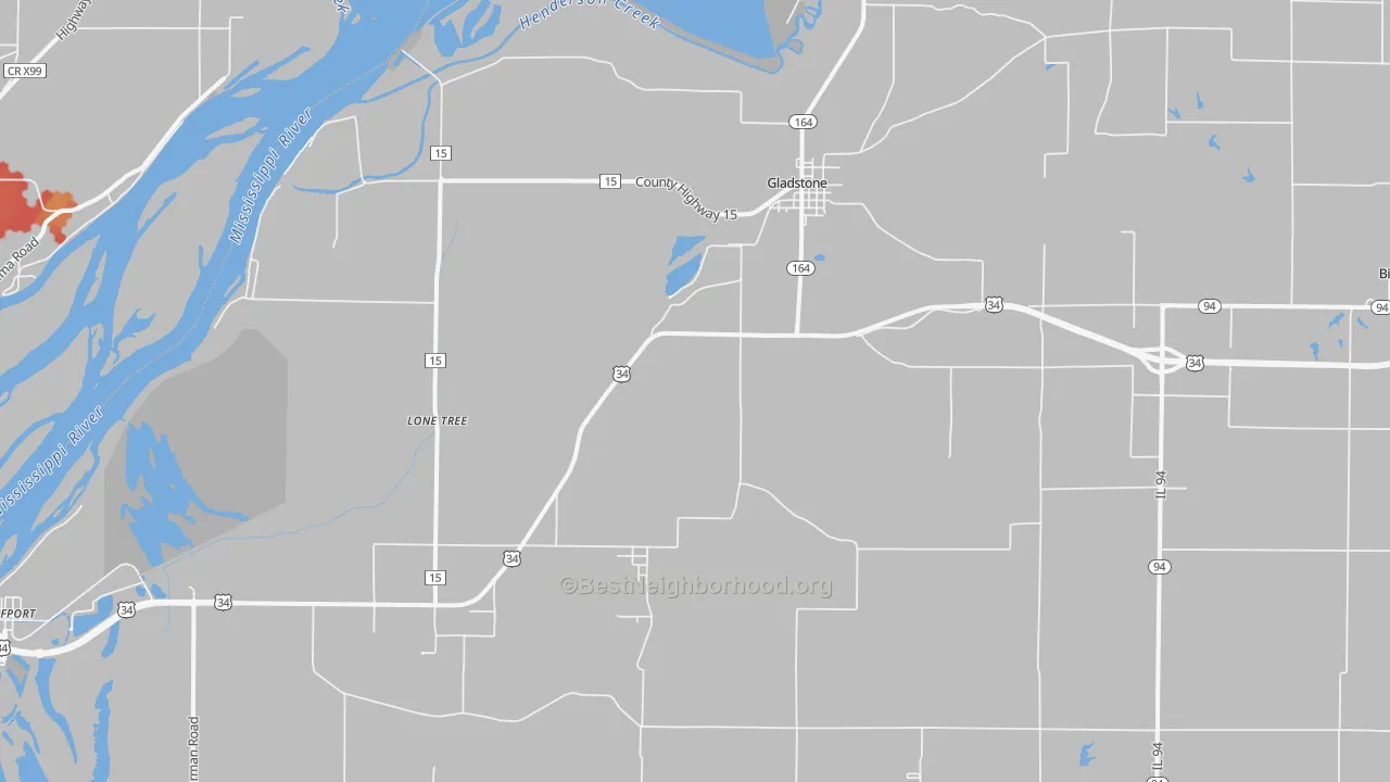 Walk Grade map of 61437, IL, walkable areas in green and car-dependent areas in red