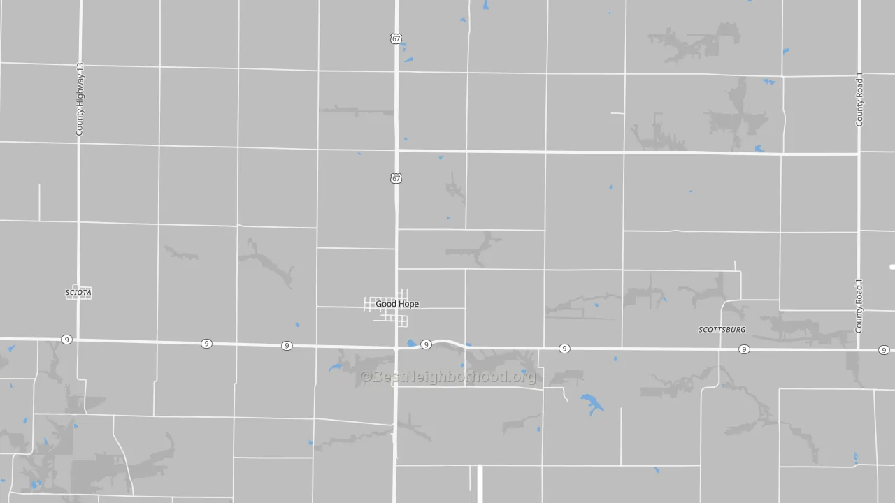 Walk Grade map of 61438, IL, walkable areas in green and car-dependent areas in red