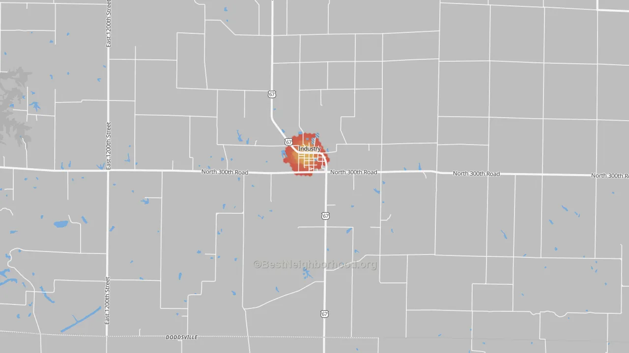 Walk Grade map of 61440, IL, walkable areas in green and car-dependent areas in red