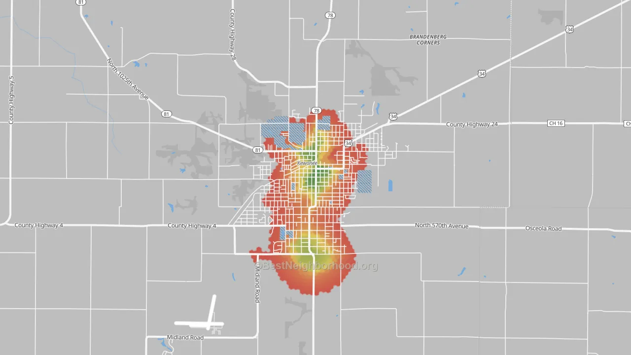 Walk Grade map of 61443, IL, walkable areas in green and car-dependent areas in red
