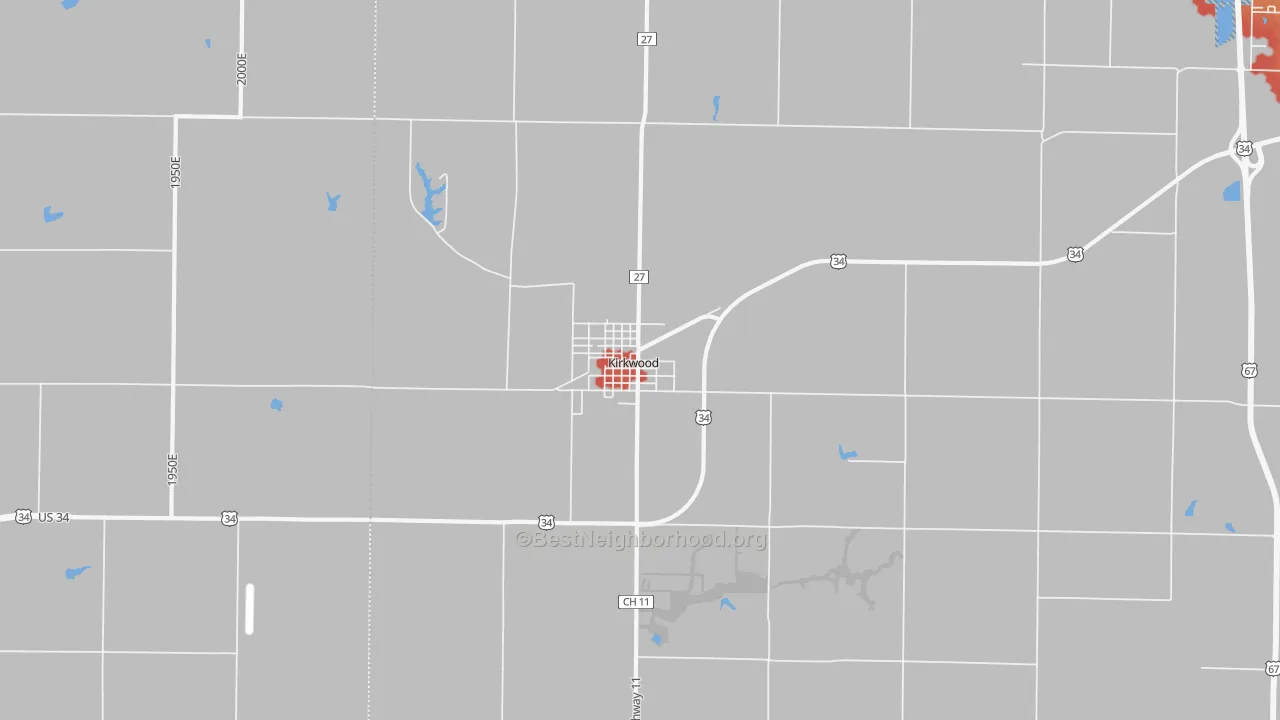 Walk Grade map of 61447, IL, walkable areas in green and car-dependent areas in red
