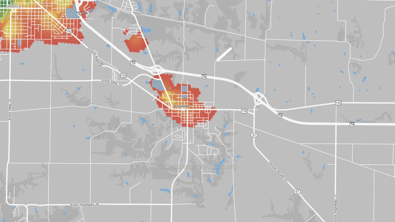 Walk Grade map of 61448, IL, walkable areas in green and car-dependent areas in red