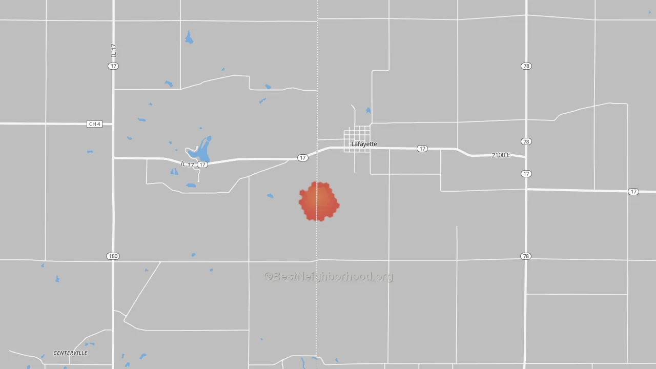 Walk Grade map of 61449, IL, walkable areas in green and car-dependent areas in red
