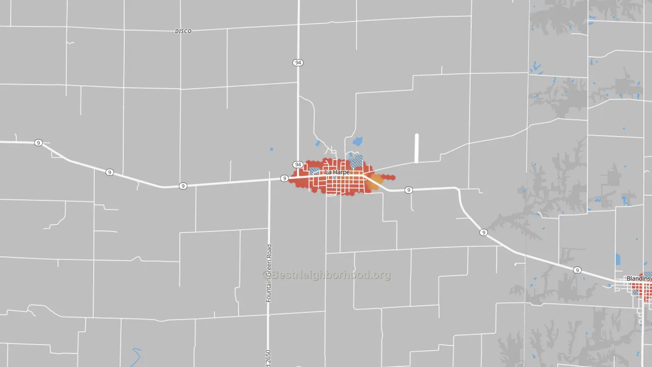 Walk Grade map of 61450, IL, walkable areas in green and car-dependent areas in red
