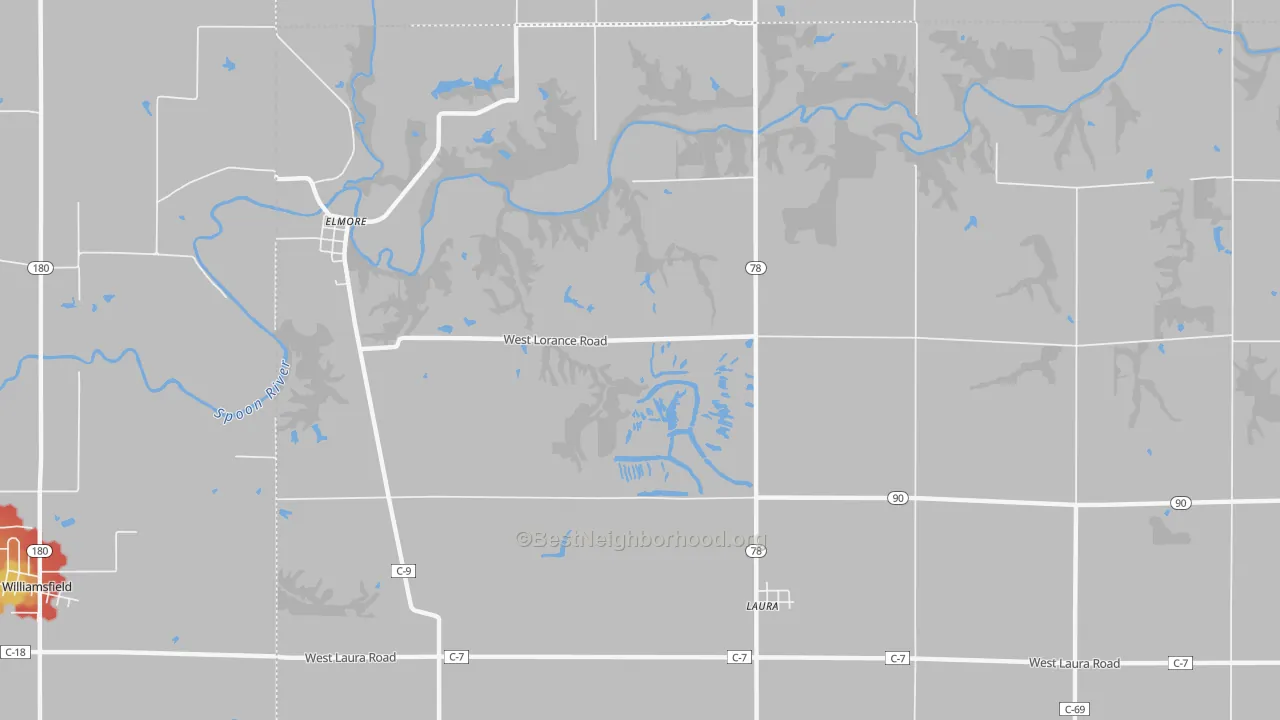 Walk Grade map of 61451, IL, walkable areas in green and car-dependent areas in red