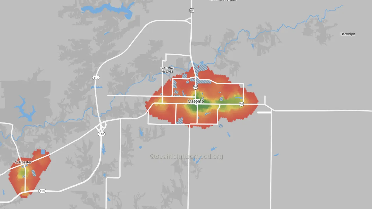 Walk Grade map of 61455, IL, walkable areas in green and car-dependent areas in red