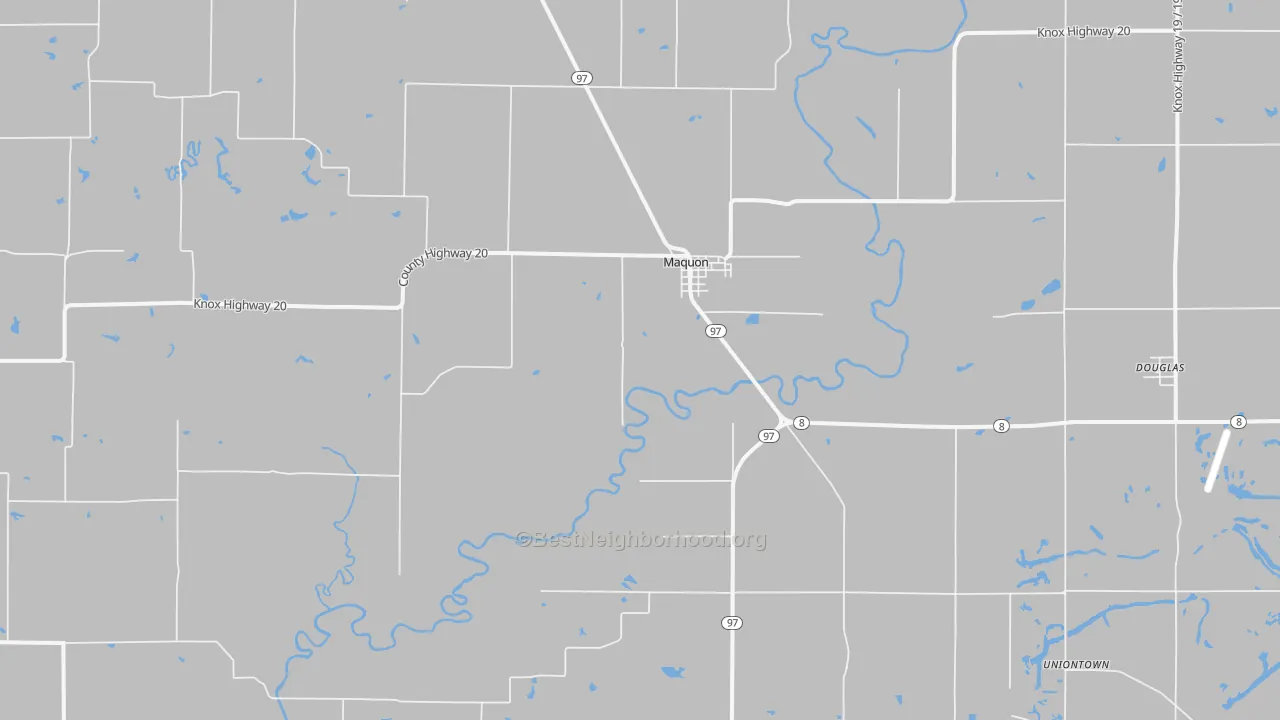 Walk Grade map of 61458, IL, walkable areas in green and car-dependent areas in red