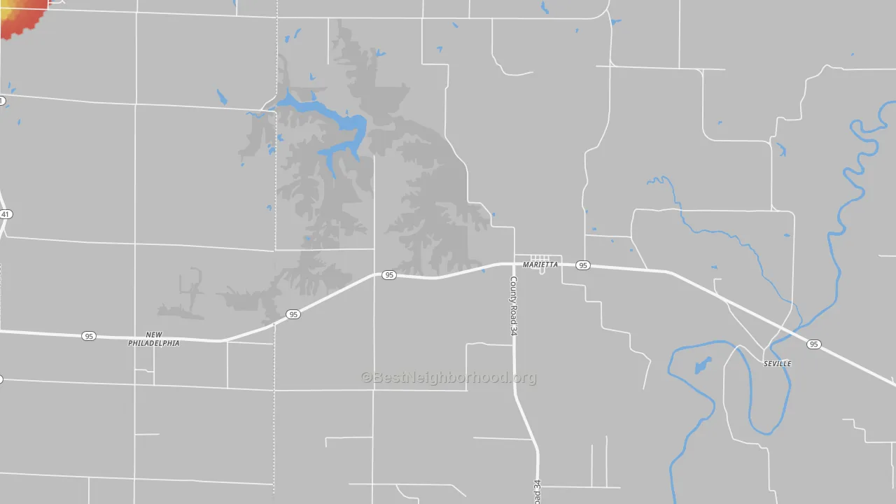Walk Grade map of 61459, IL, walkable areas in green and car-dependent areas in red