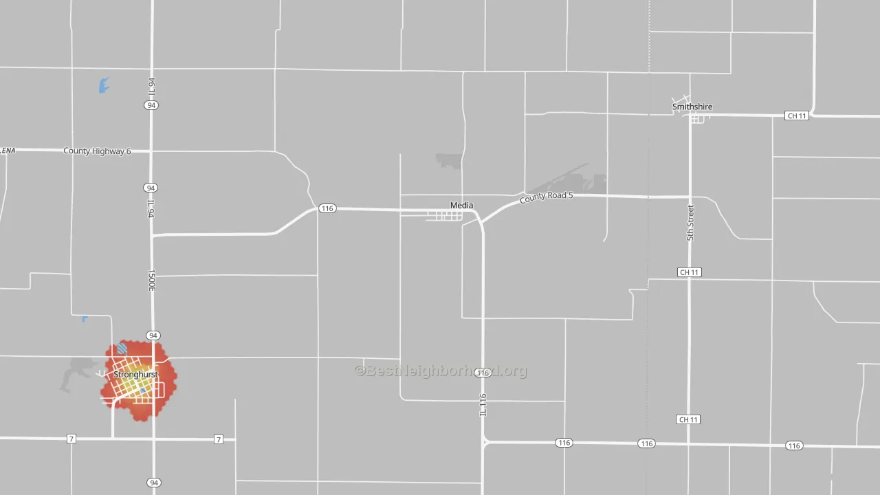 Walk Grade map of 61460, IL, walkable areas in green and car-dependent areas in red