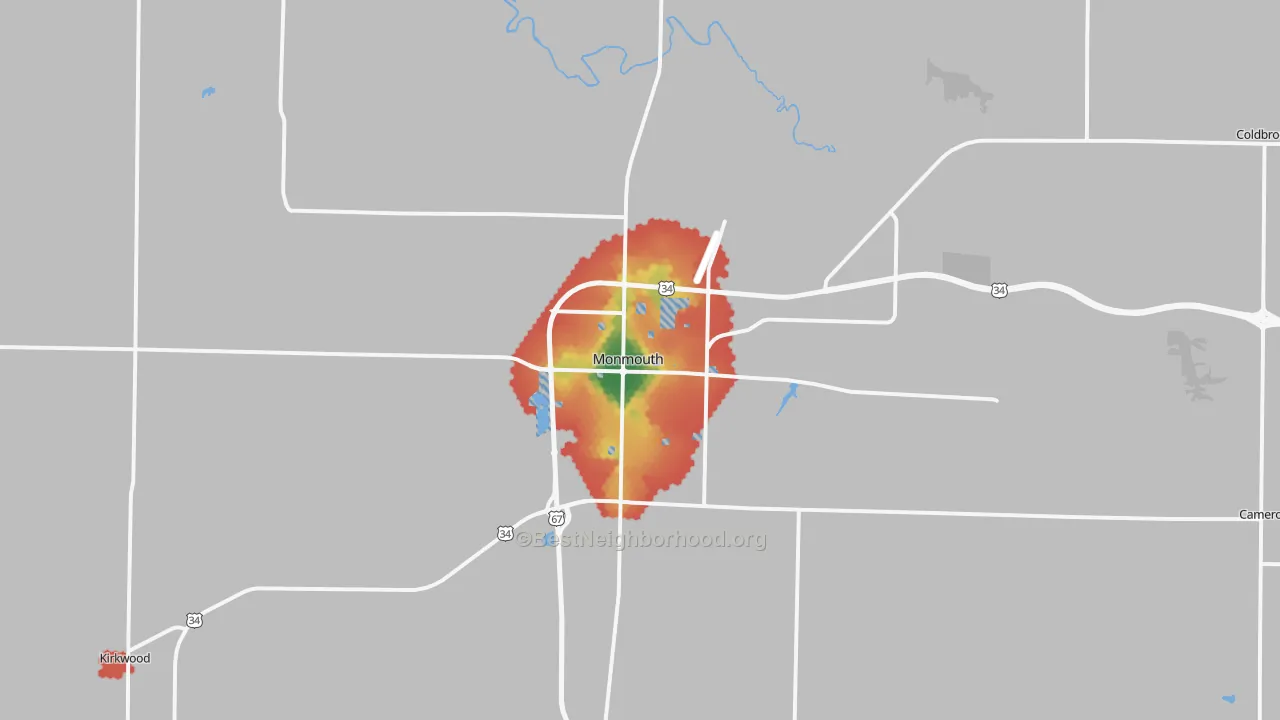 Walk Grade map of 61462, IL, walkable areas in green and car-dependent areas in red