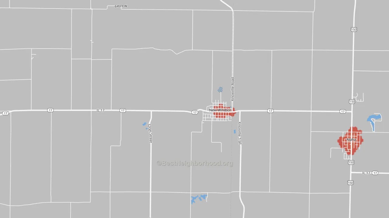 Walk Grade map of 61465, IL, walkable areas in green and car-dependent areas in red