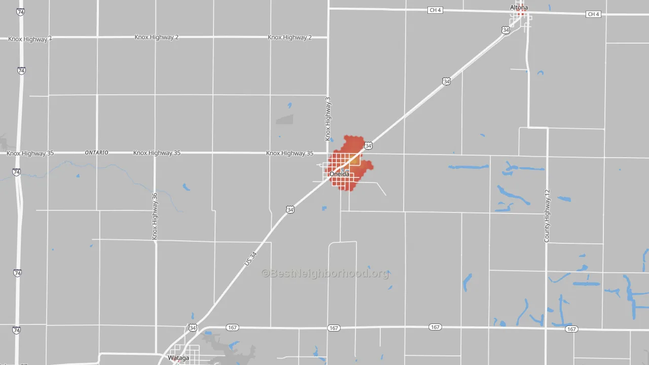 Walk Grade map of 61467, IL, walkable areas in green and car-dependent areas in red