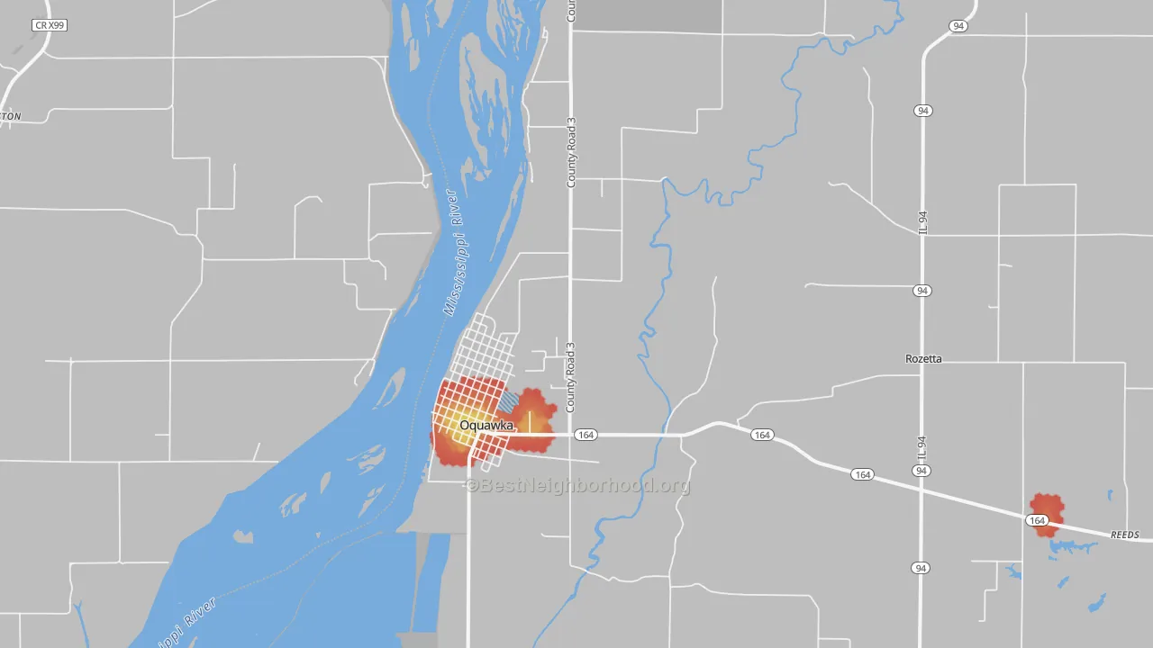 Walk Grade map of 61469, IL, walkable areas in green and car-dependent areas in red