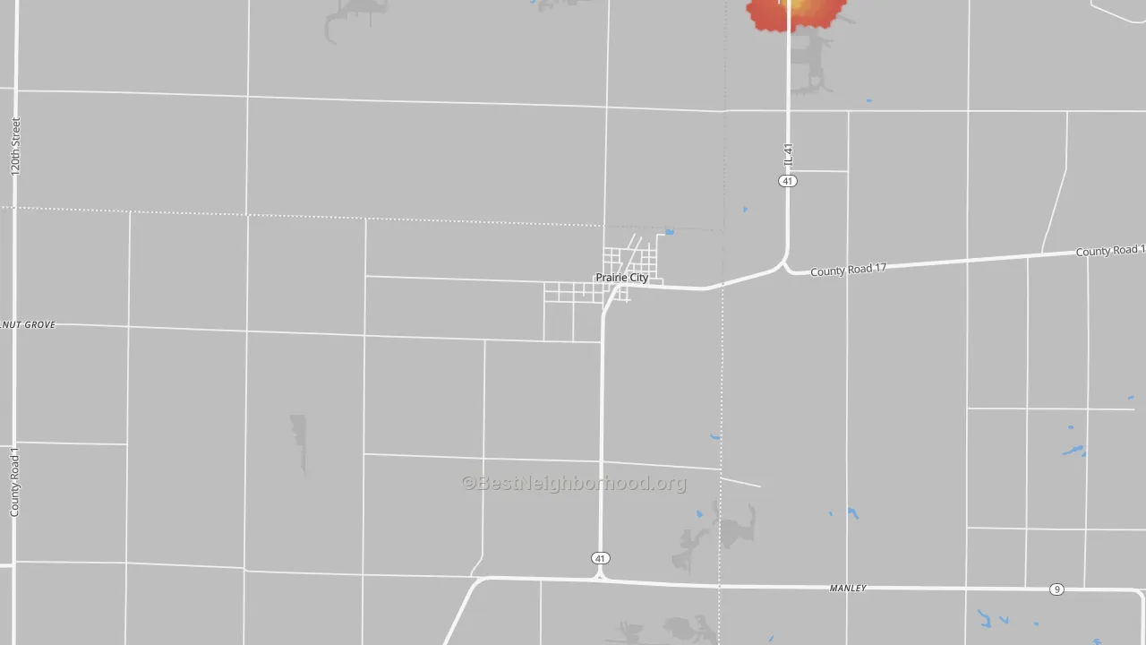 Walk Grade map of 61470, IL, walkable areas in green and car-dependent areas in red