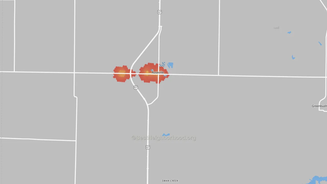 Walk Grade map of 61473, IL, walkable areas in green and car-dependent areas in red