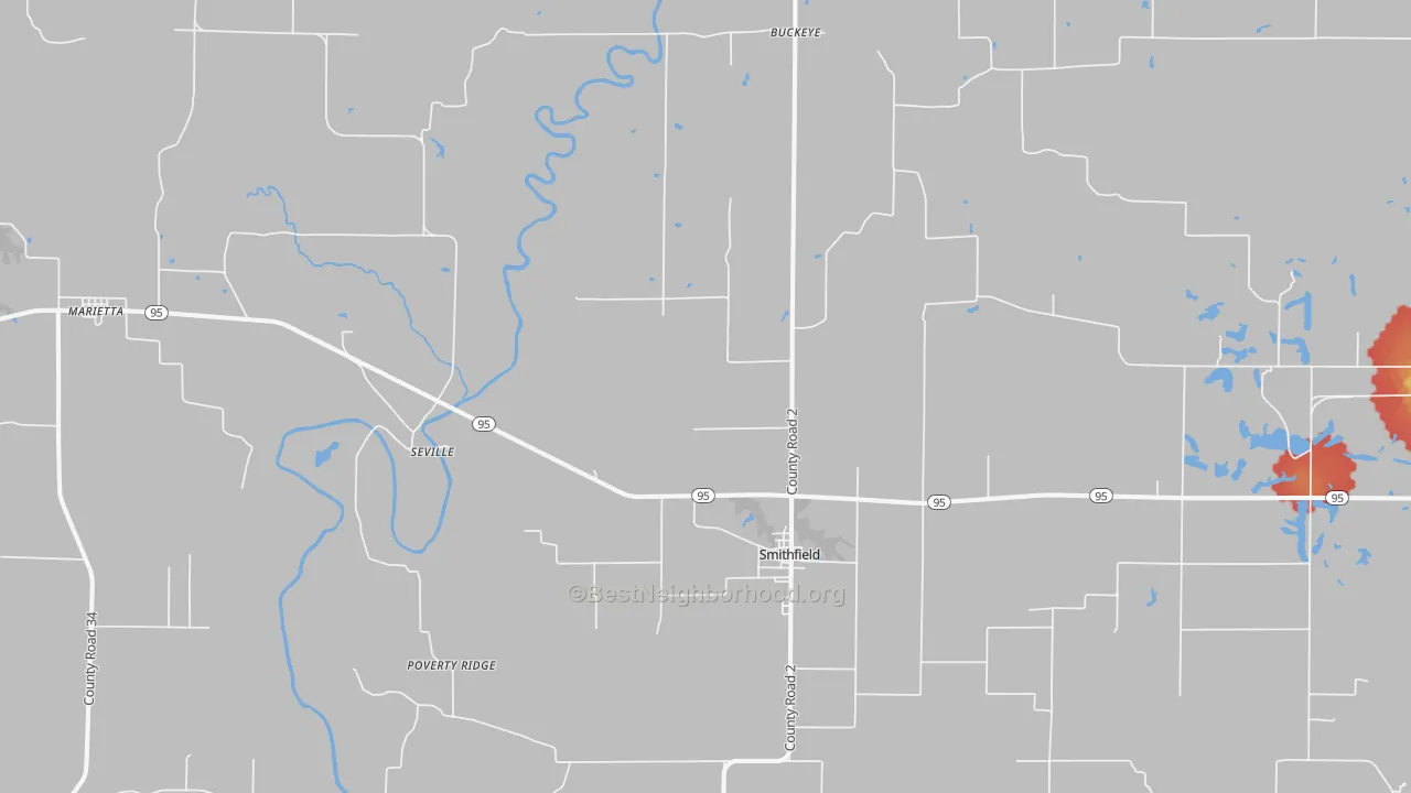 Walk Grade map of 61477, IL, walkable areas in green and car-dependent areas in red