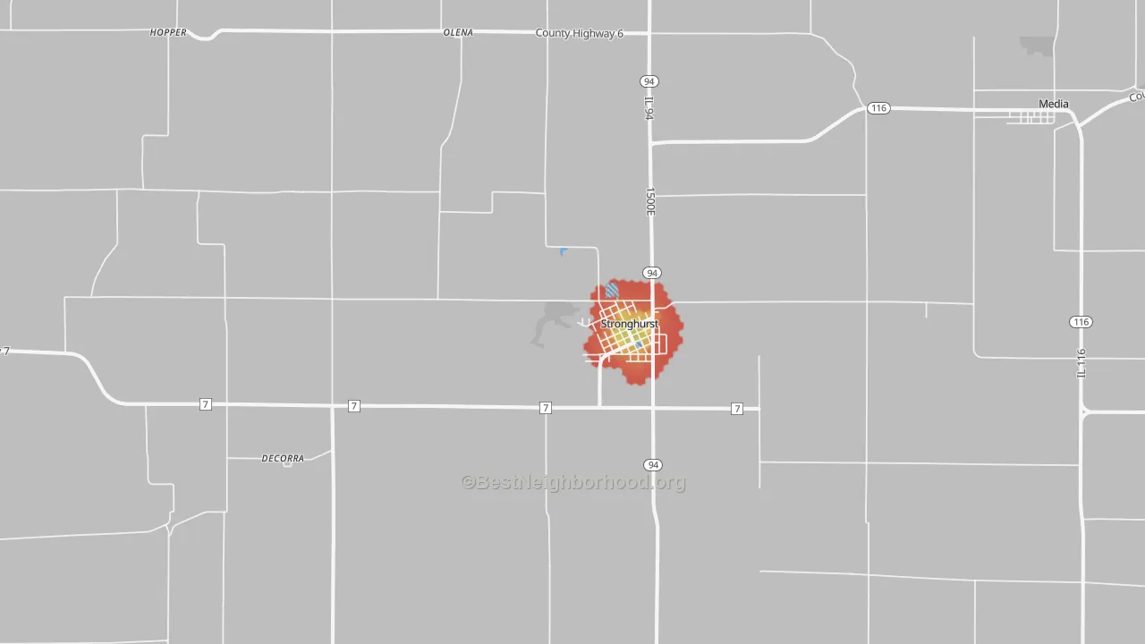 Walk Grade map of 61480, IL, walkable areas in green and car-dependent areas in red