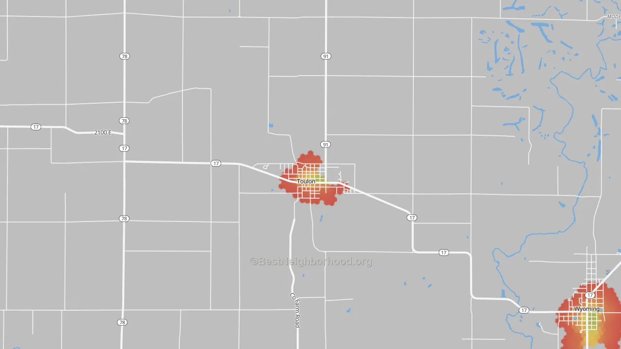 Walk Grade map of 61483, IL, walkable areas in green and car-dependent areas in red