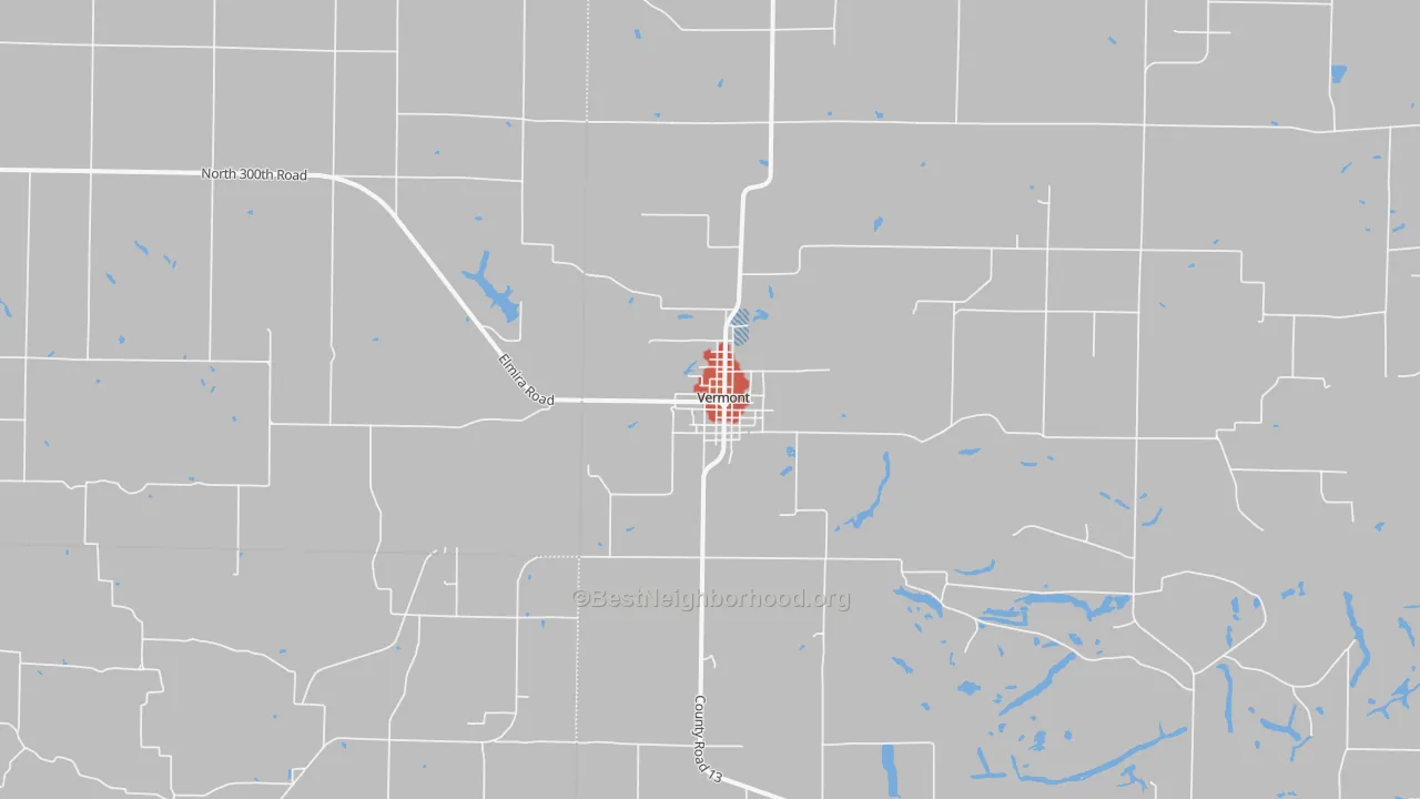 Walk Grade map of 61484, IL, walkable areas in green and car-dependent areas in red