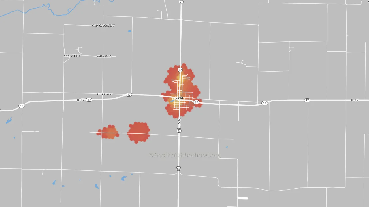 Walk Grade map of 61486, IL, walkable areas in green and car-dependent areas in red