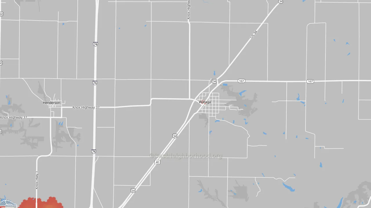 Walk Grade map of 61488, IL, walkable areas in green and car-dependent areas in red