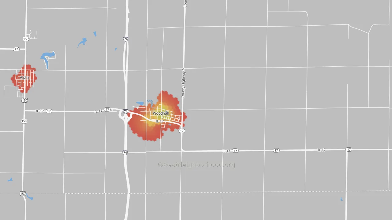 Walk Grade map of 61490, IL, walkable areas in green and car-dependent areas in red