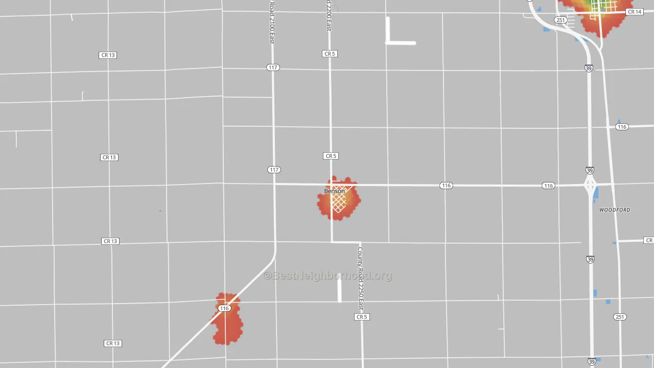 Walk Grade map of 61516, IL, walkable areas in green and car-dependent areas in red