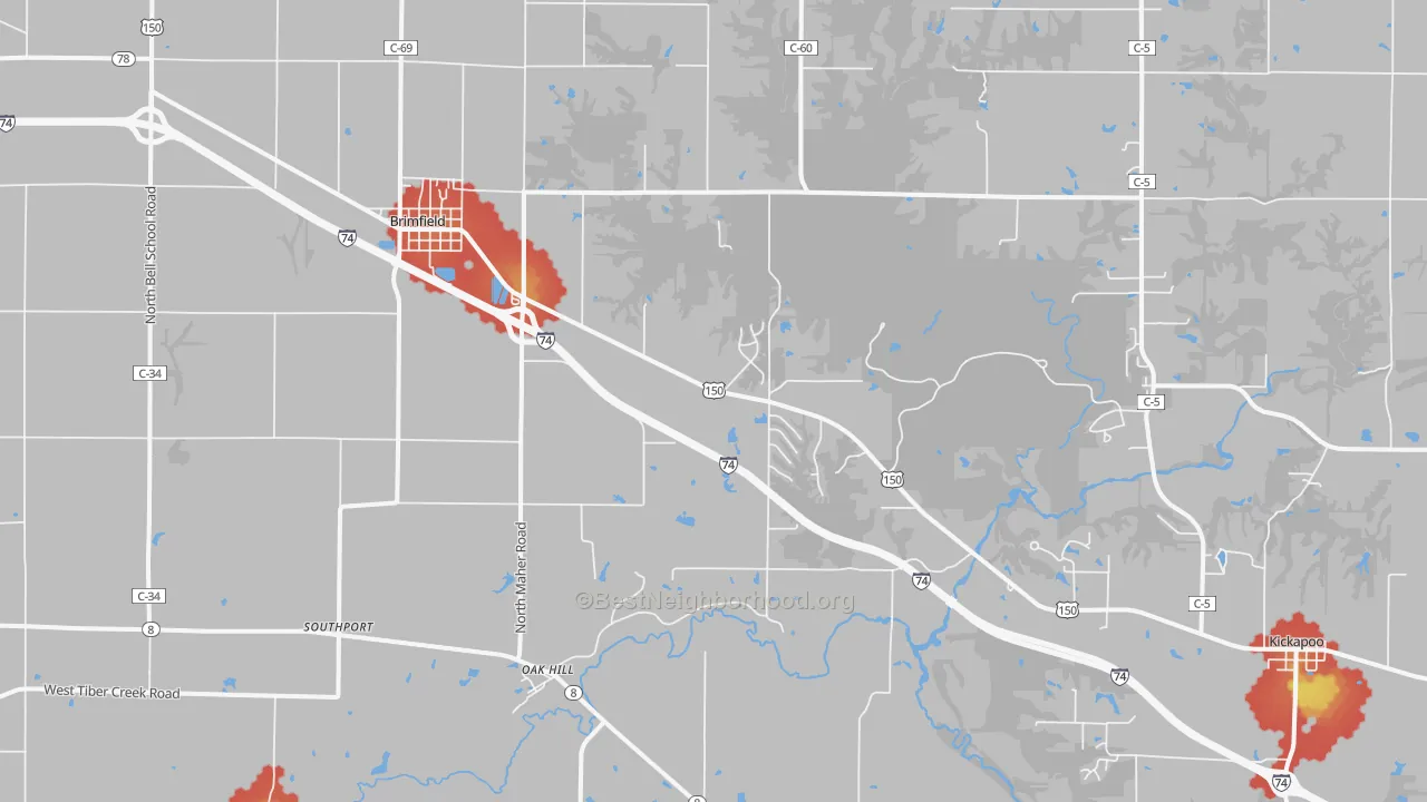 Walk Grade map of 61517, IL, walkable areas in green and car-dependent areas in red