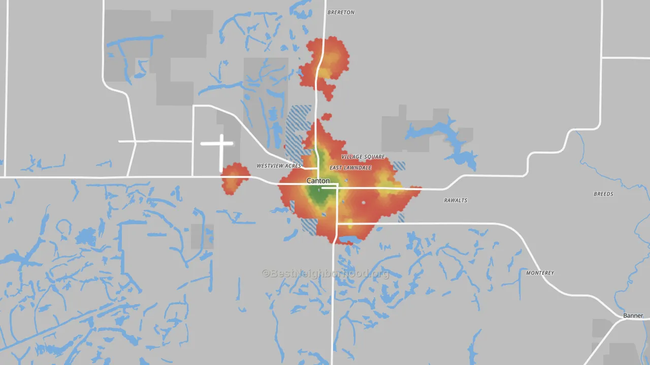 Walk Grade map of 61520, IL, walkable areas in green and car-dependent areas in red