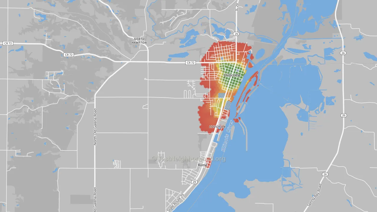 Walk Grade map of 61523, IL, walkable areas in green and car-dependent areas in red