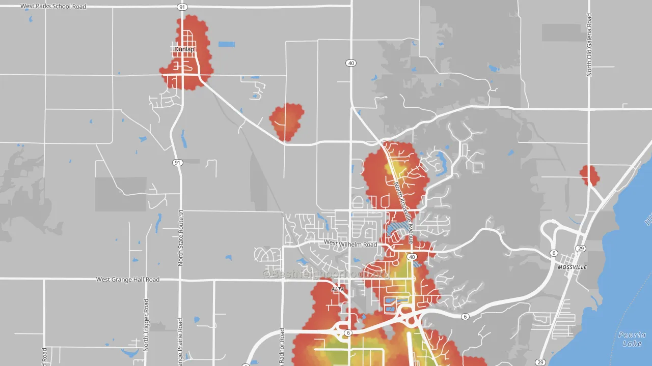 Walk Grade map of 61525, IL, walkable areas in green and car-dependent areas in red