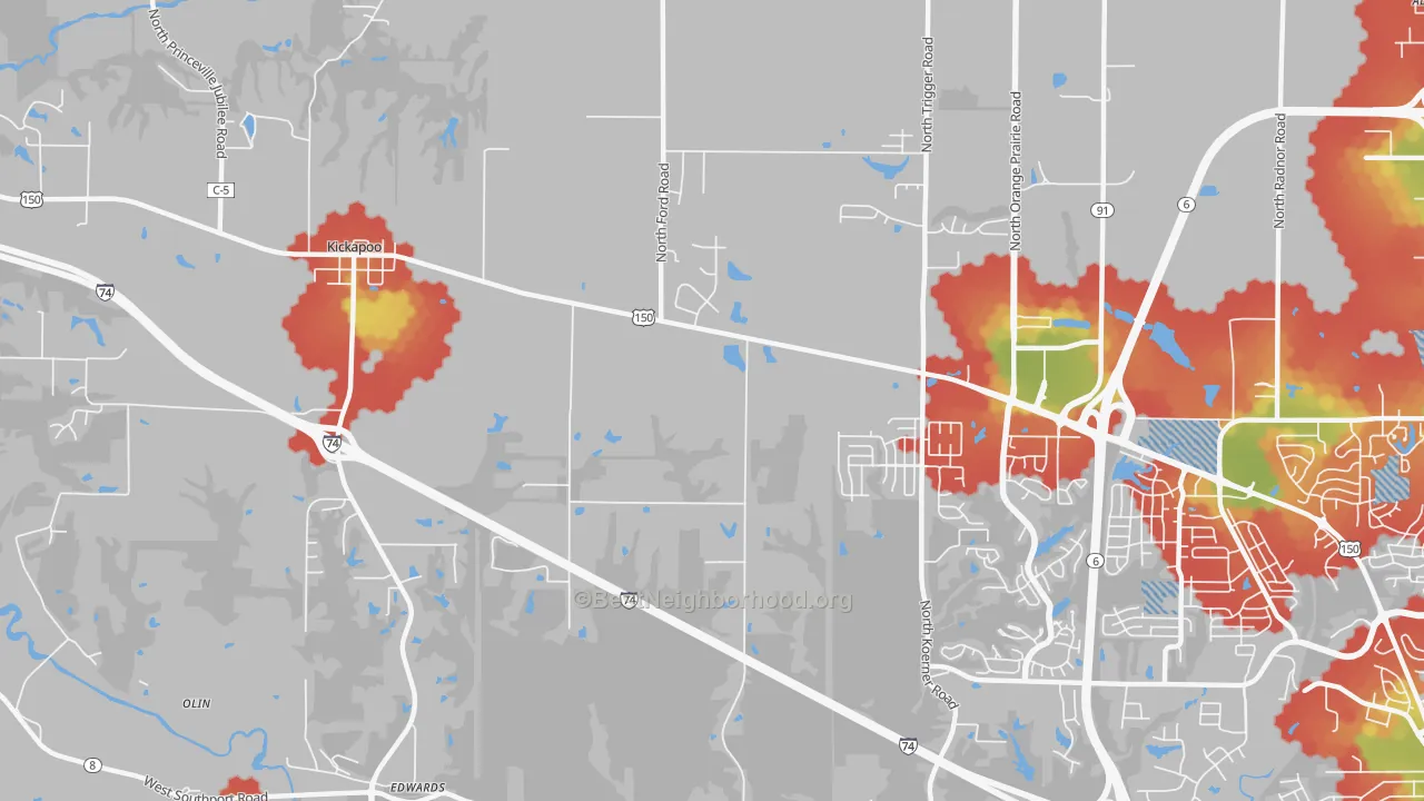 Walk Grade map of 61528, IL, walkable areas in green and car-dependent areas in red