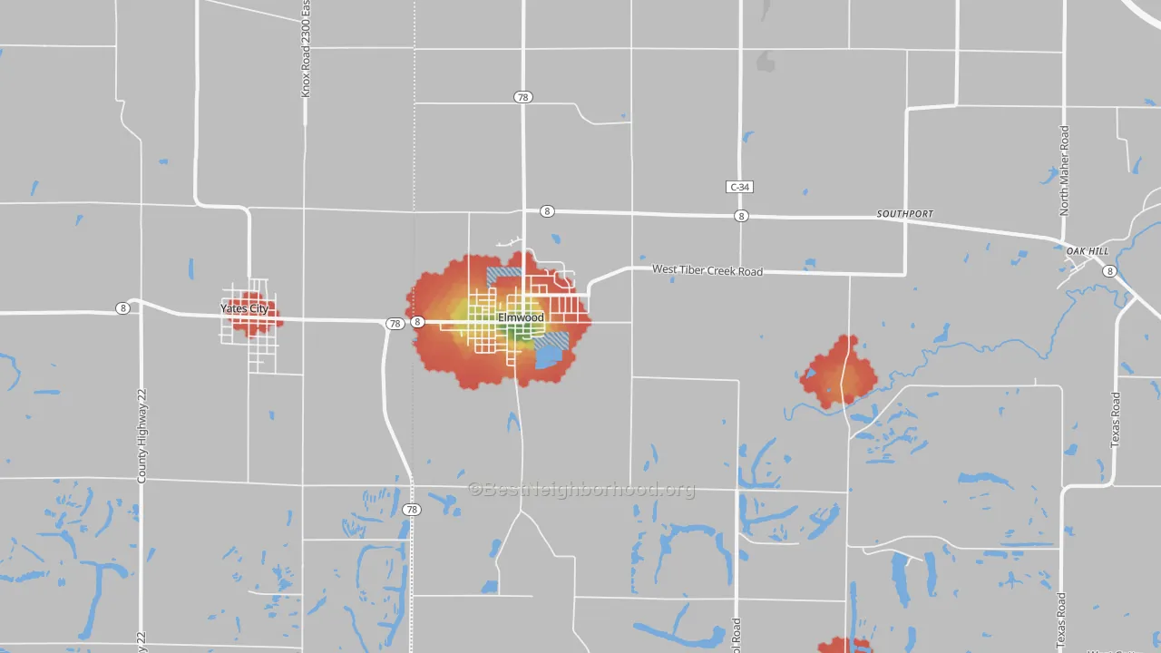Walk Grade map of 61529, IL, walkable areas in green and car-dependent areas in red
