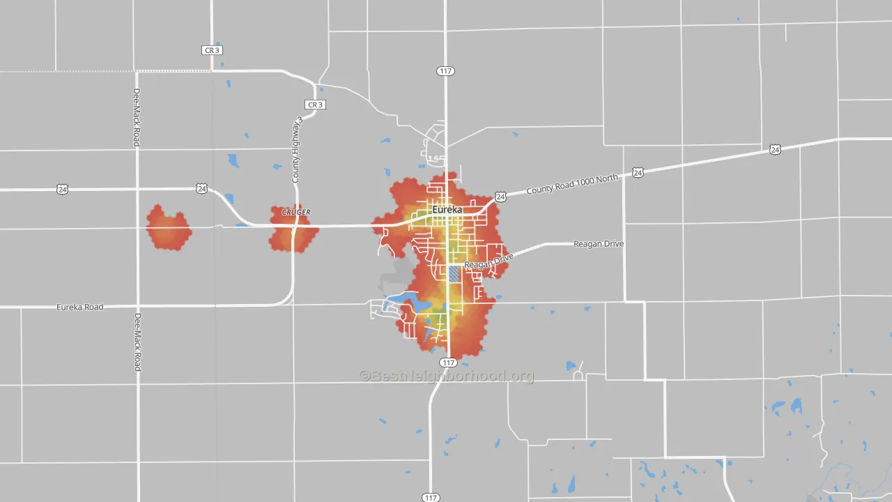 Walk Grade map of 61530, IL, walkable areas in green and car-dependent areas in red