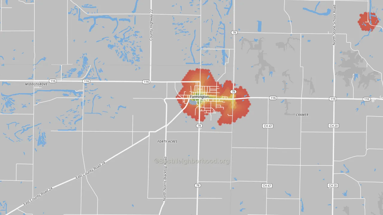 Walk Grade map of 61531, IL, walkable areas in green and car-dependent areas in red