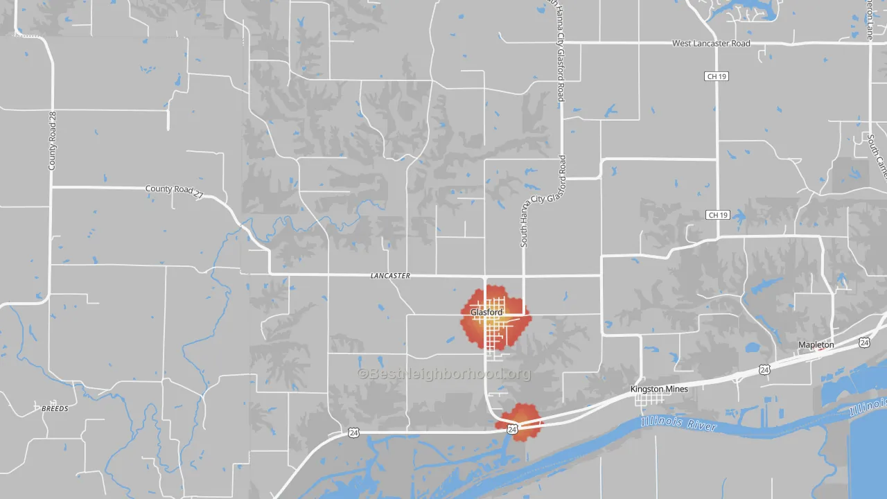 Walk Grade map of 61533, IL, walkable areas in green and car-dependent areas in red