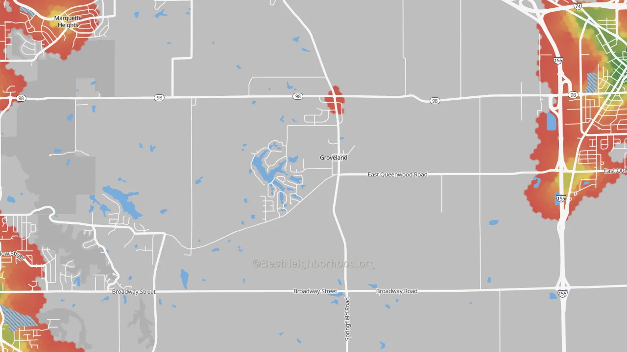 Walk Grade map of 61535, IL, walkable areas in green and car-dependent areas in red