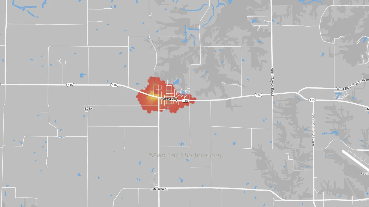 Walk Grade map of 61536, IL, walkable areas in green and car-dependent areas in red