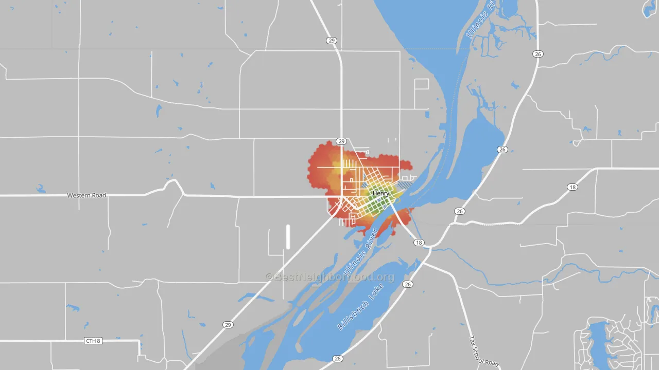 Walk Grade map of 61537, IL, walkable areas in green and car-dependent areas in red