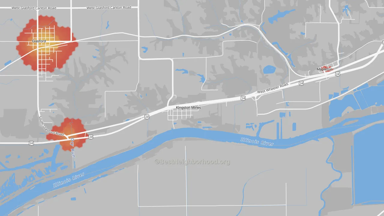 Walk Grade map of 61539, IL, walkable areas in green and car-dependent areas in red