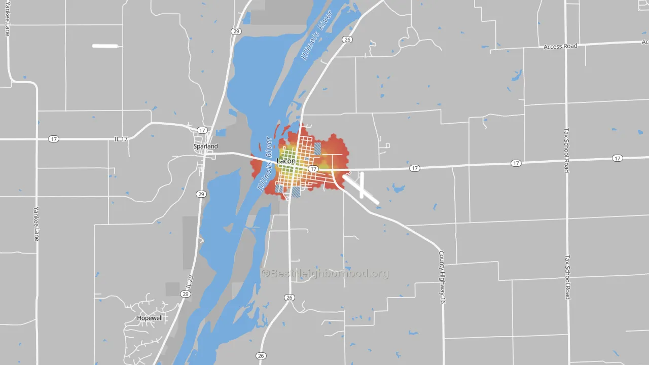 Walk Grade map of 61540, IL, walkable areas in green and car-dependent areas in red