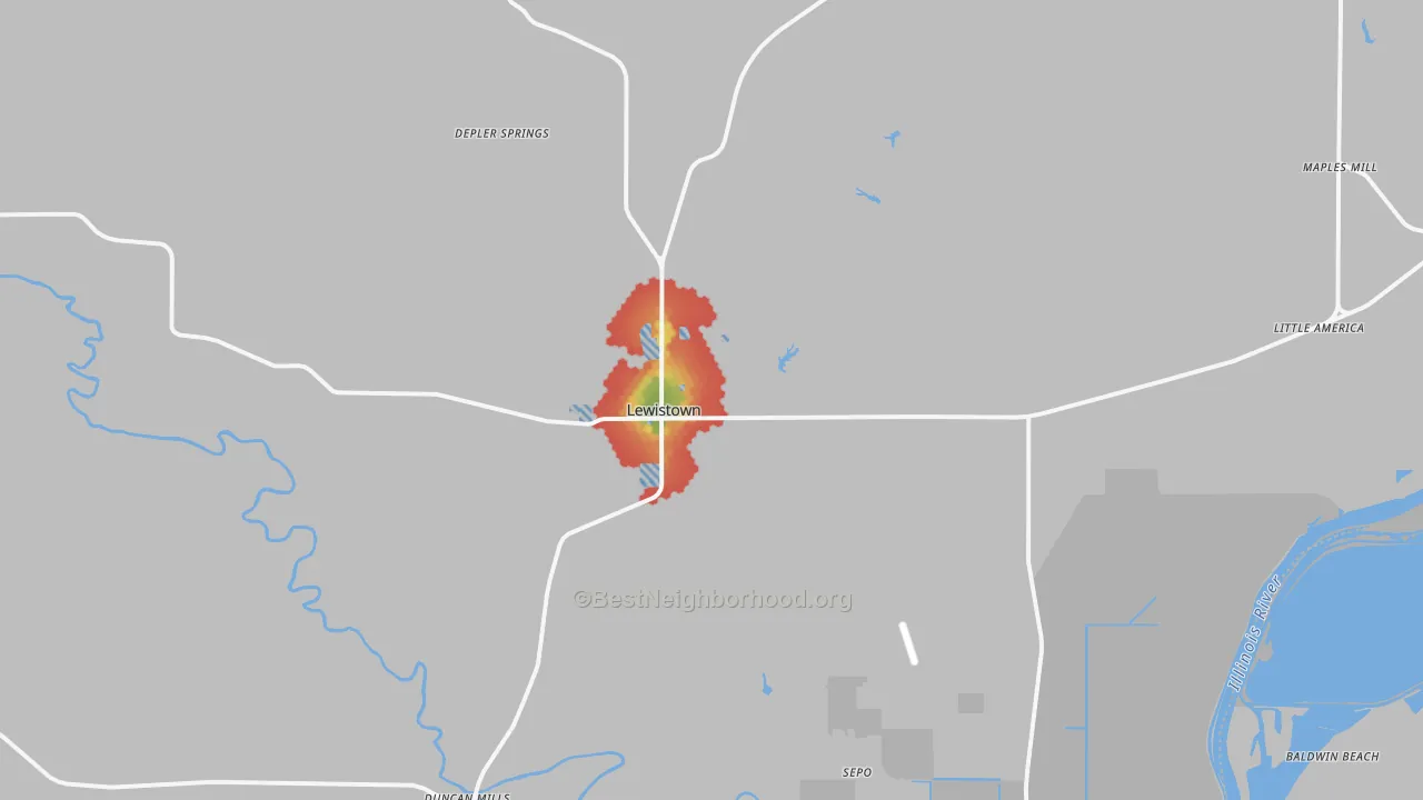 Walk Grade map of 61542, IL, walkable areas in green and car-dependent areas in red
