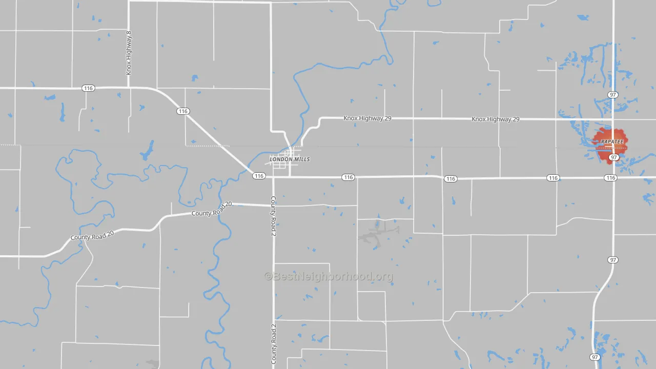 Walk Grade map of 61544, IL, walkable areas in green and car-dependent areas in red