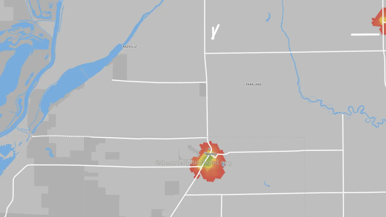 Walk Grade map of 61546, IL, walkable areas in green and car-dependent areas in red