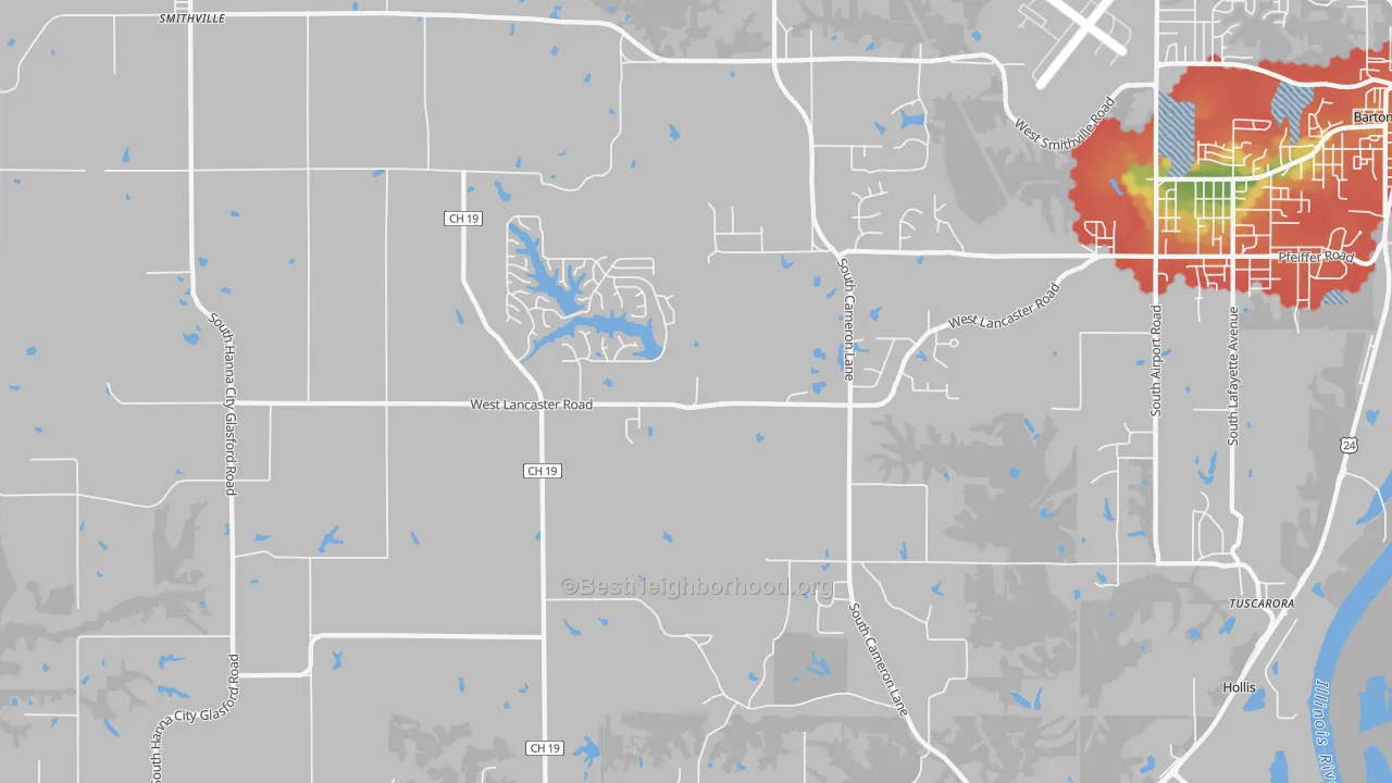 Walk Grade map of 61547, IL, walkable areas in green and car-dependent areas in red