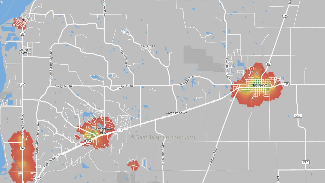 Walk Grade map of 61548, IL, walkable areas in green and car-dependent areas in red