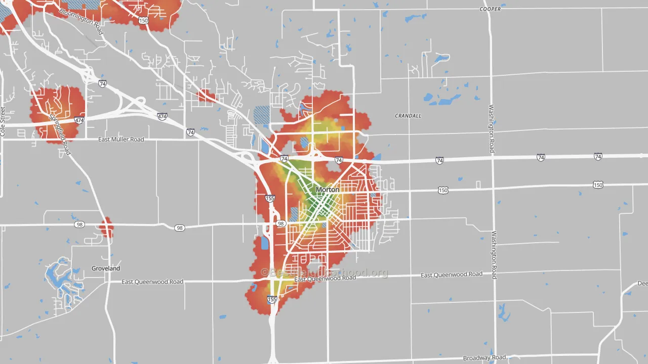 Walk Grade map of 61550, IL, walkable areas in green and car-dependent areas in red